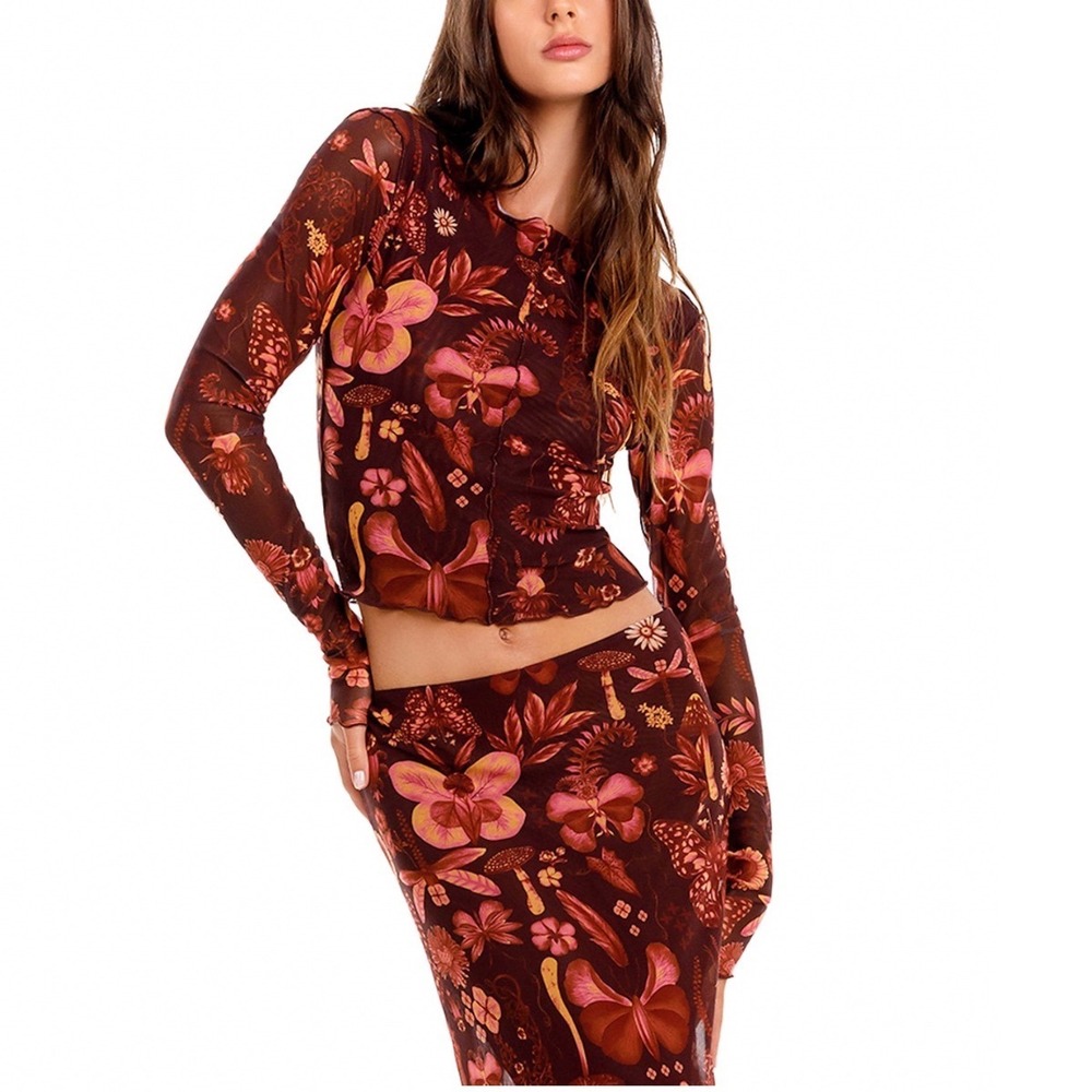 Agua Bendita Liana Ambar Mesh Top Long Sleeve Butterfly Floral Multicolor Small
